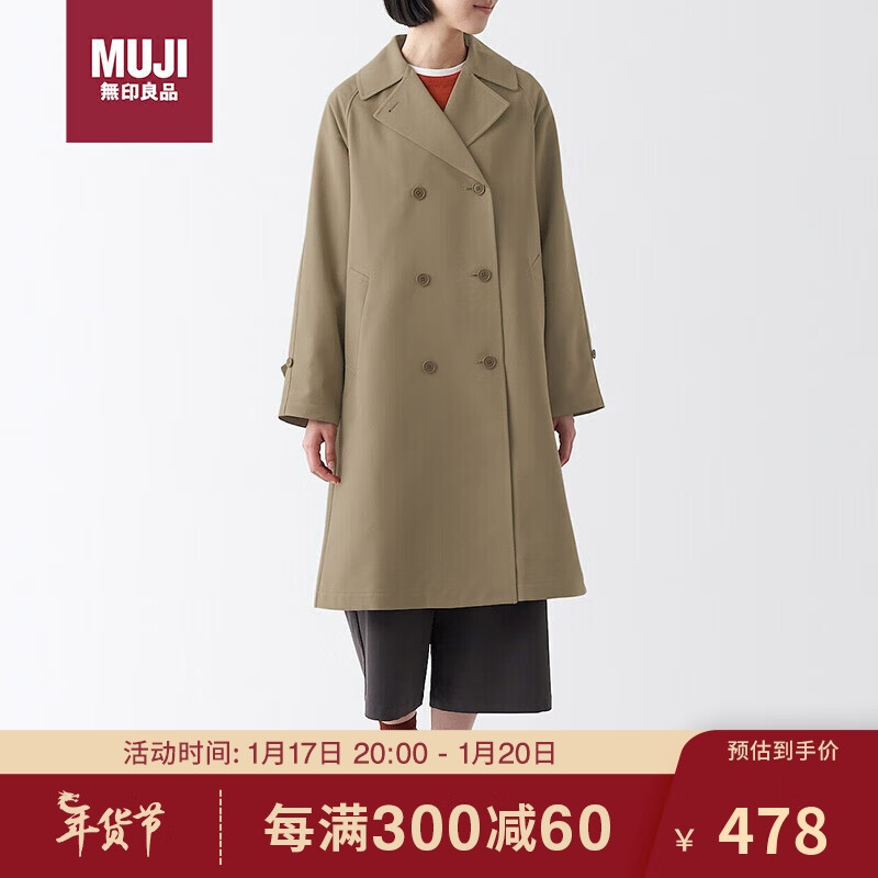 MUJI 無印良品 无印良品（MUJI）不易沾水 双排扣大衣 米色 XL 538.2元
