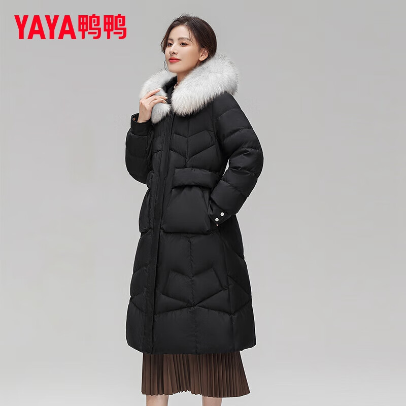 YAYA 鸭鸭羽绒服 长款狐狸毛领保暖加厚连帽外套 176.46元包邮 （需用券）