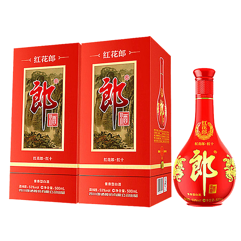 plus会员：郎酒红花郎10 第四代 酱香型 高度白酒 53度 500ml*2瓶 婚宴喜酒 513.6