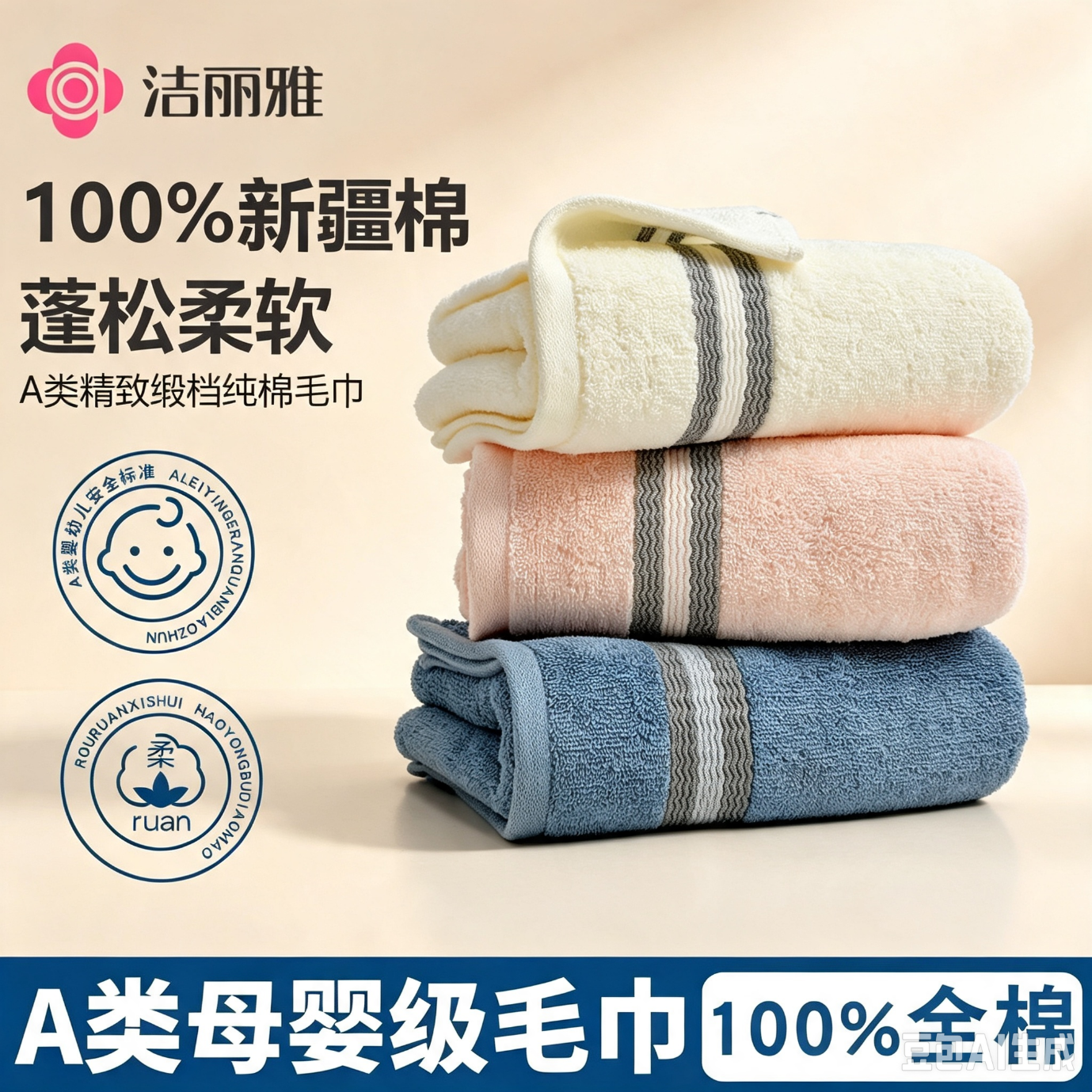洁丽雅 7A抗菌新疆棉 A类加厚洗脸毛巾 3条 粉+米+深兰 19.9元 - 线报酷