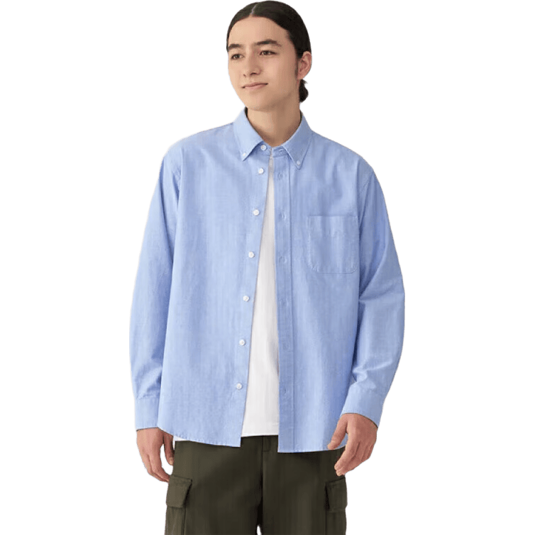 無印良品 MUJI 男式 水洗牛津纽扣领长袖衬衫 萨克森蓝 XL 120元