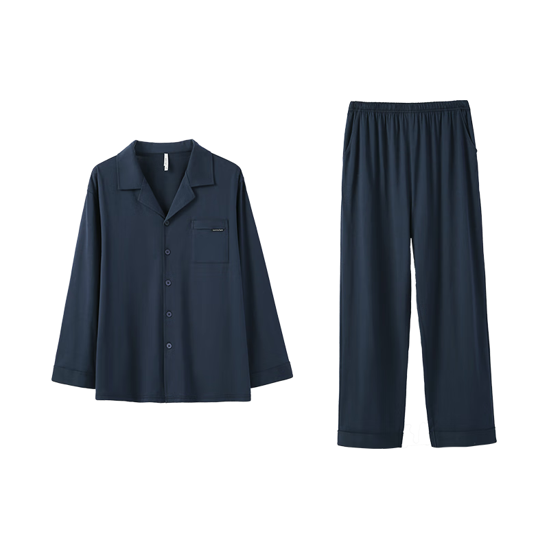 安之伴 睡衣男春秋亲肤纯棉简约纯色休闲男士家居服可外穿 黑兰 L 98.1元