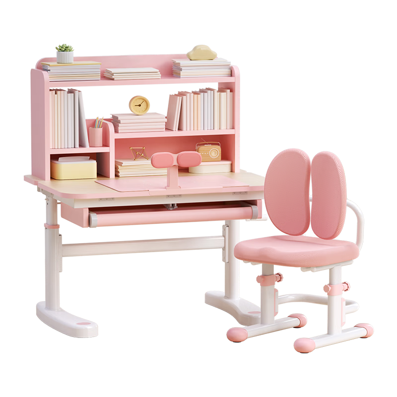 京东京造 儿童学习桌椅 进口实木+三层书架 80cm粉 699元包邮