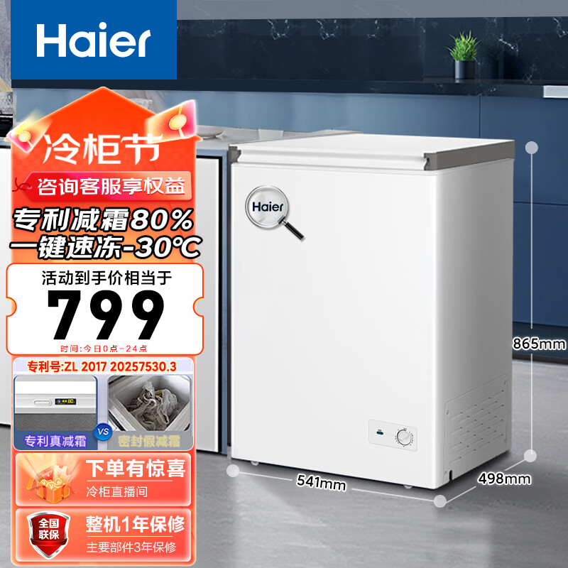 Haier 海尔 100升一级能效低霜小冰柜家用商用冷藏柜冷冻柜小型租房用小冰箱