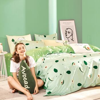 MENDALE 梦洁家纺 纯棉床上四件套全棉床单被套单双人床ins 森森果绿 1.8米床(2