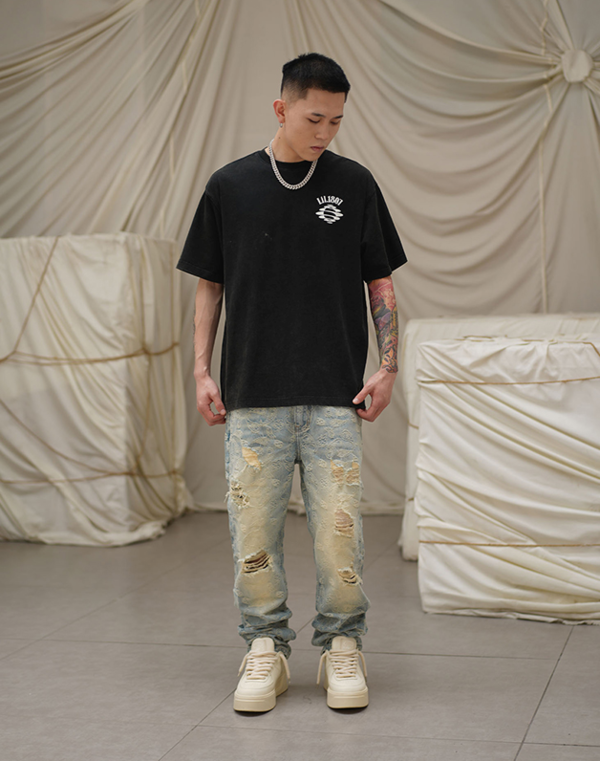 1807 男士复古腰果花破洞牛仔裤 