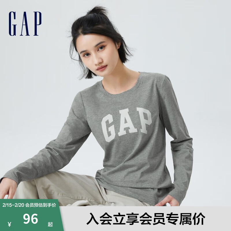 Gap 女装秋季款LOGO轻薄纯棉长袖T恤755802运动休闲上衣 浅灰色 170/96A(M) 165.67元