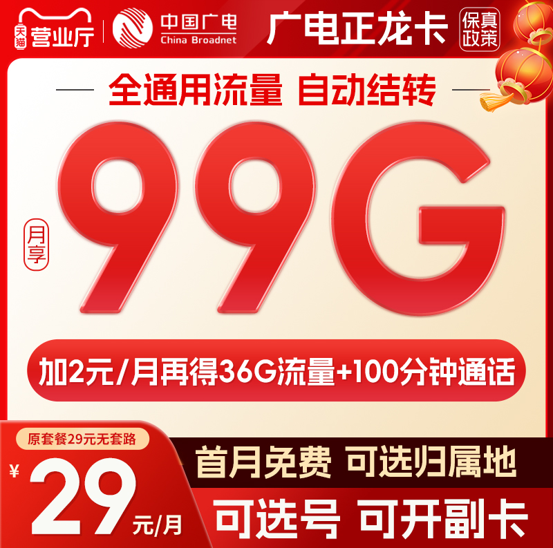 中国广电 China Broadcast 正龙卡 长期29元月租（99G通用流量+1年MINI会员）