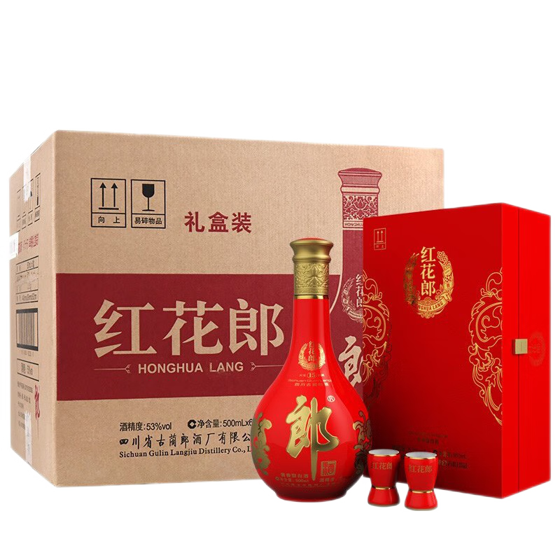 再降价、plus会员：郎酒 红花郎15酱香型白酒 53度500ml*6瓶礼盒整箱装 送小郎