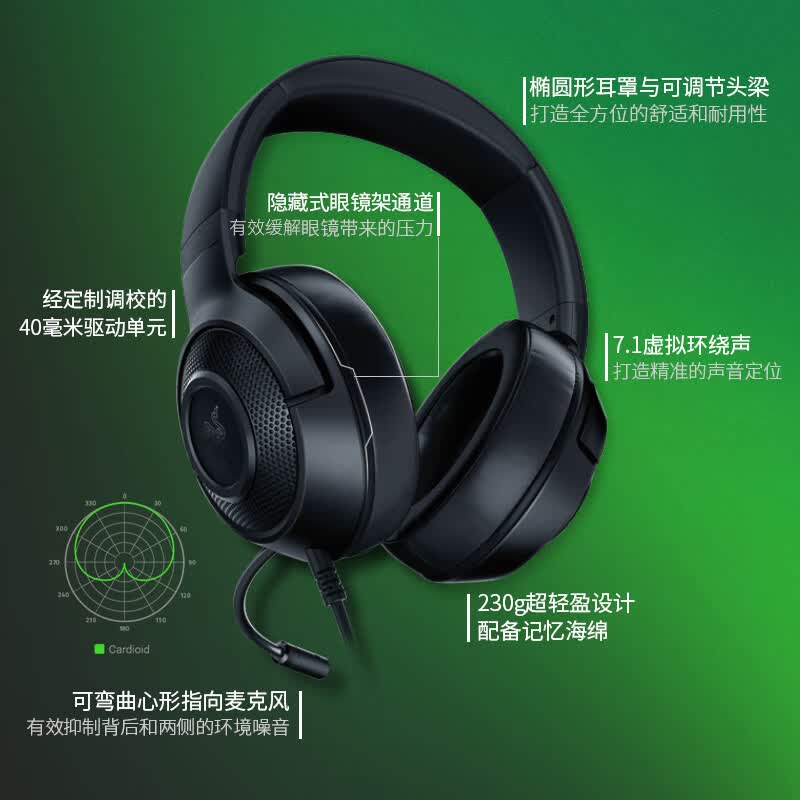 雷蛇 北海巨妖标准版X 有线头戴式电竞游戏耳机耳麦 7.1环绕声 吃鸡神器 黑色 适配三角洲行动 119元 - 线报酷