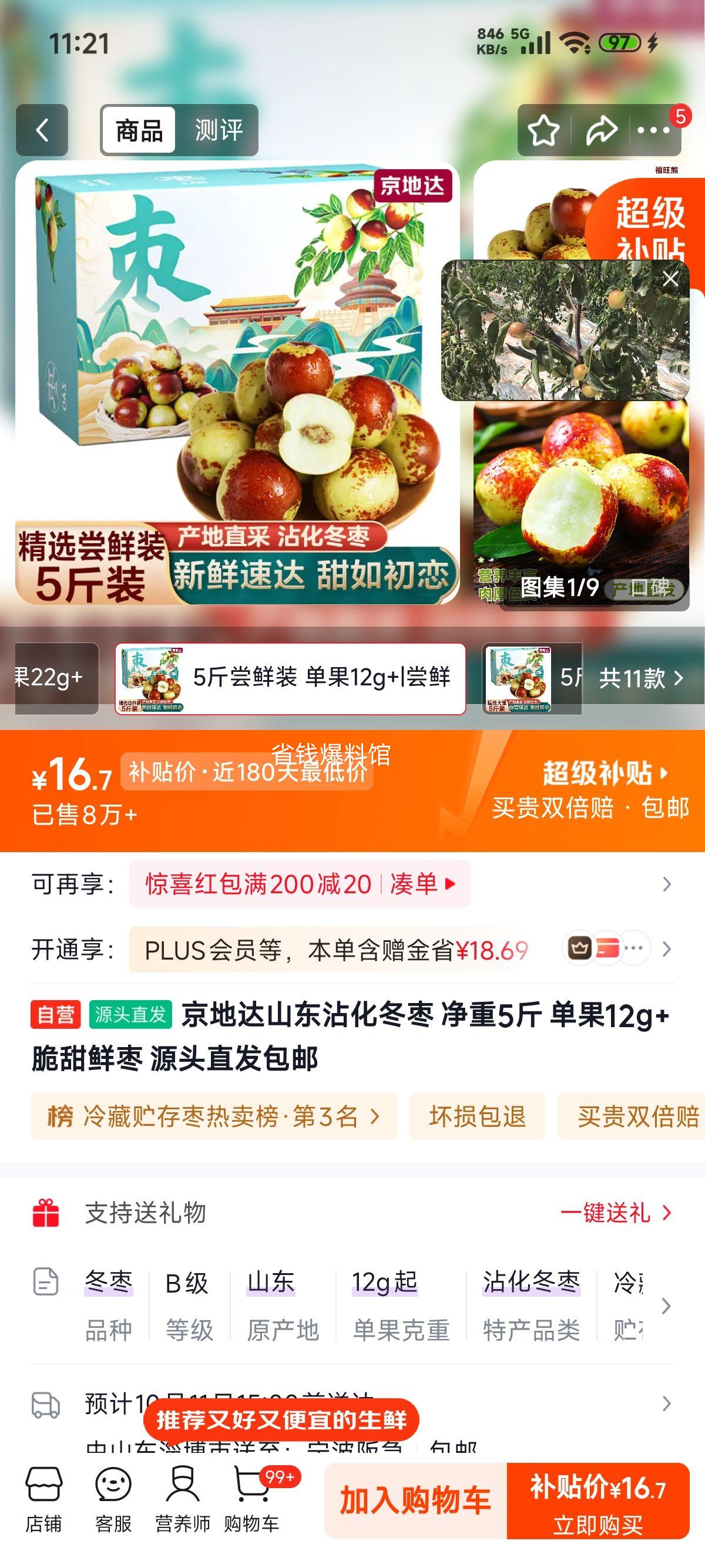 京地达 山东沾化冬枣 5斤 脆甜鲜枣 单果12g-15g 16.7元 - 86线报