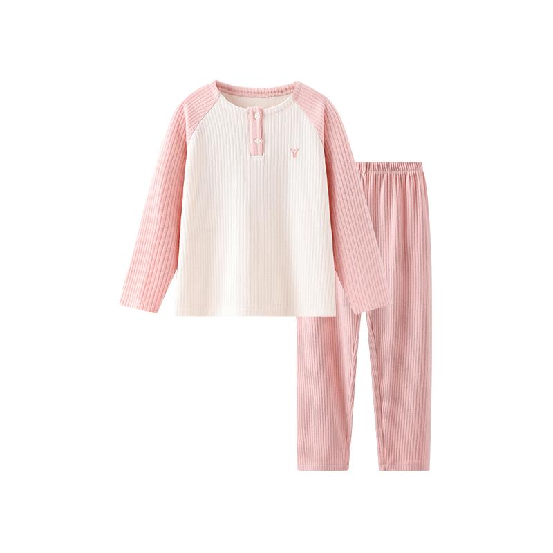 英氏 秋冬男女童木源纤维锁温排汗7A抑菌软糯撞色睡衣套装 莓果浅粉 140 84.5