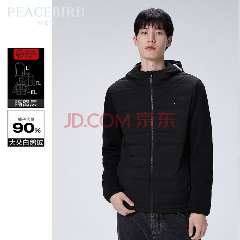 PEACEBIRD 太平鸟 男装冬季连帽轻薄羽绒服上衣男B1ACC4139 黑色 S ￥109