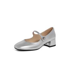 BeLLE 百丽 银色复古玛丽珍鞋气质银色女春季商场同款牛皮革粗跟复古单鞋 32