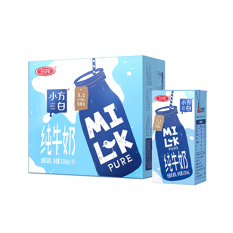 京东会员：三元小方白纯牛奶200ml*24盒 *3件 97.77元包邮（合32.63元/件）