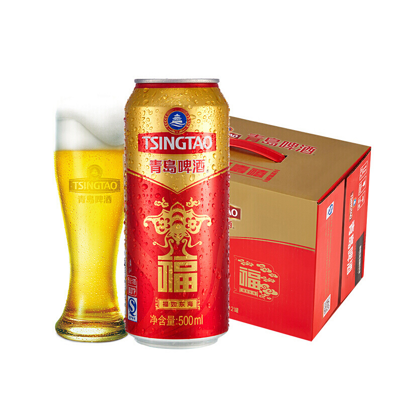 TSINGTAO 青岛啤酒 福如东海 500mL 12罐 2箱 +赠 500mL 4罐 90.22元 （需买3件，需用