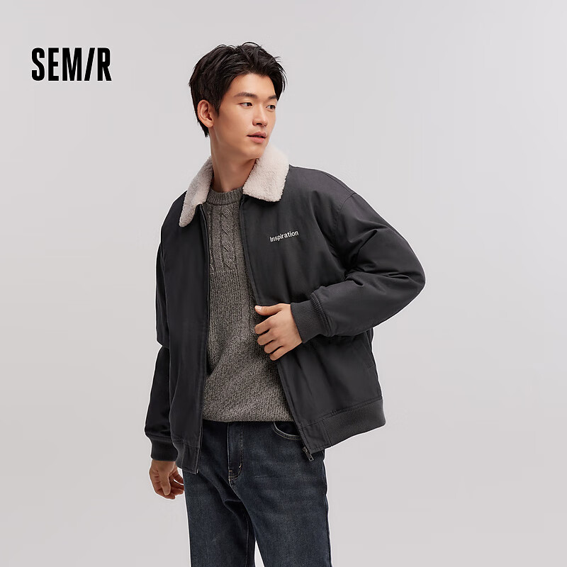 Semir 森马 夹克男2024冬季复古拼接仿羊羔毛翻领外套宽松绣花棉服潮 深灰2090