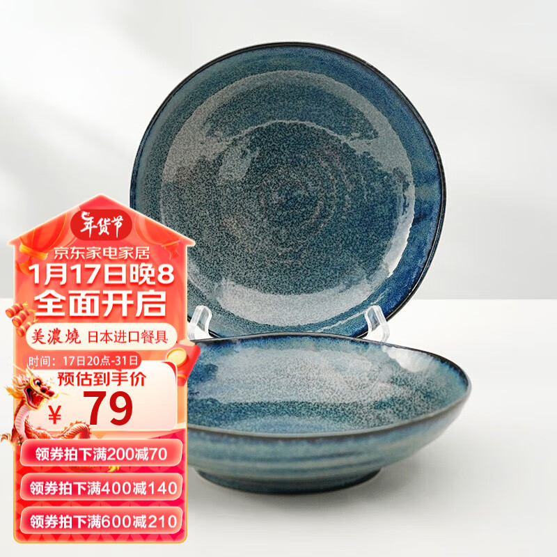 美浓烧 Mino Yaki）日本进口蓝天目釉餐盘家用陶瓷盘子精美餐具组合2件 蓝天