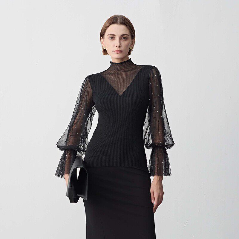 S.DEER sdeer圣迪奥女装秋高领镂空波点网纱泡泡袖针织衫S233D3506 151元