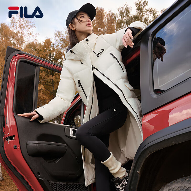 FILA 斐乐 斐护科技|斐乐女装长款羽绒服舒适保暖连帽外套 云菇白-WT M 165/84A 