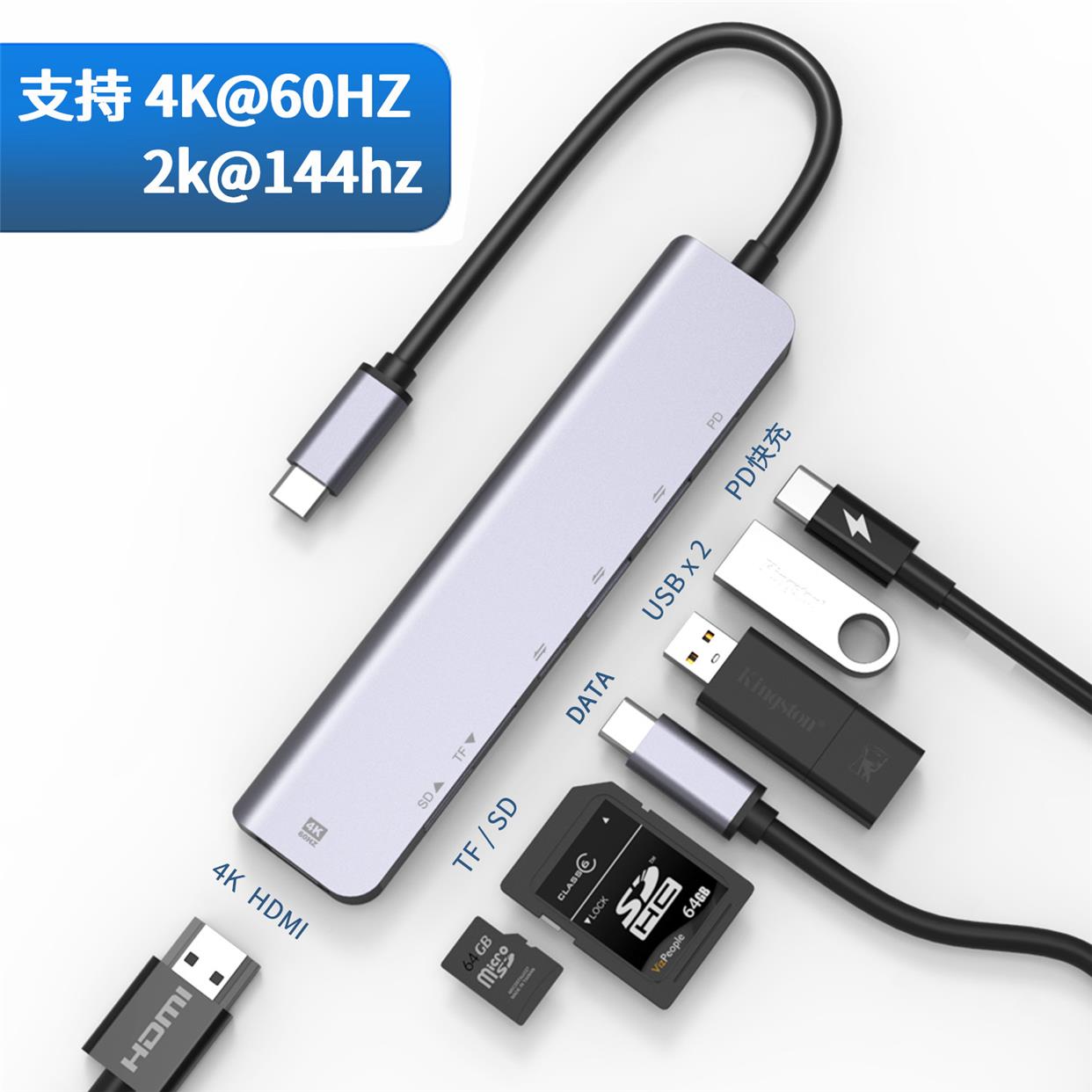 唯德夜宴 HDMI4K60Hz高清转换器PD快充适用电脑七合一typec扩展坞 83.69元（需用