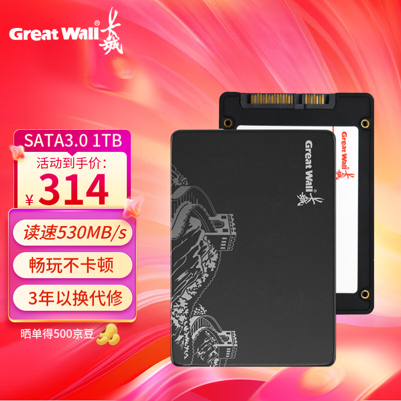 Great Wall 长城 SSD固态硬盘 SATA3.0接口 S300系列 1TB+装机配件 SATA3.0固态硬盘 285