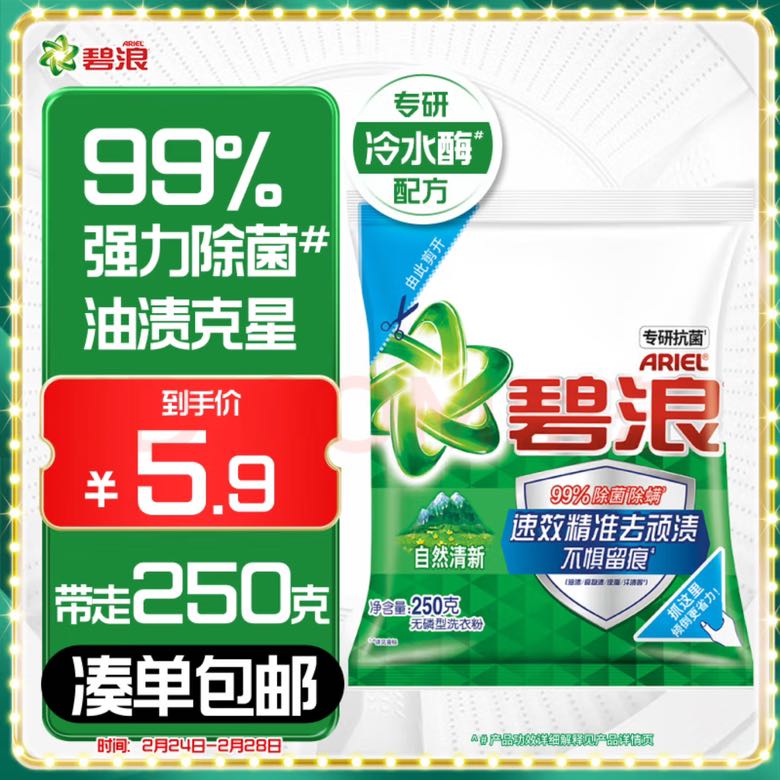 碧浪 专业去渍洗衣粉 250g 自然清新 5.23元