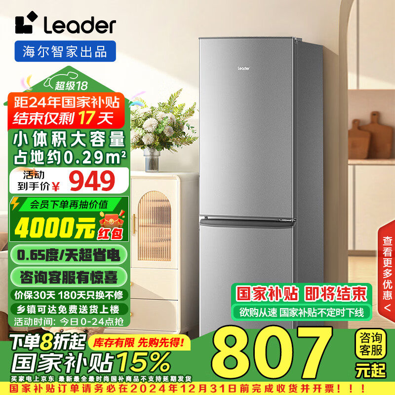 Leader 海尔智家180升两门二门双门小冰箱家用小型租房省电低噪音不占地电冰