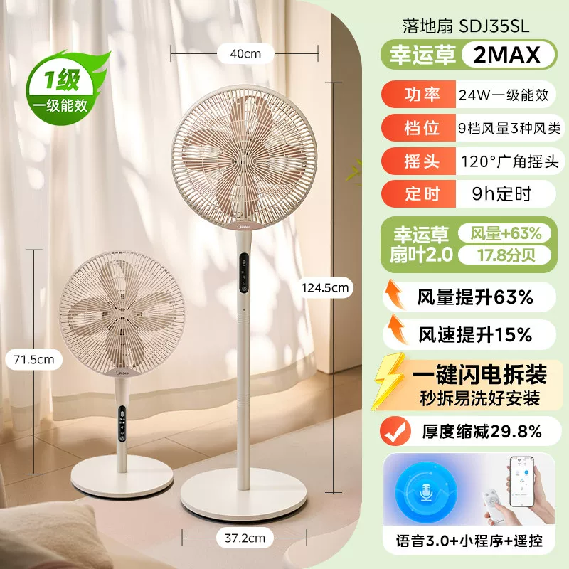 美的 电风扇幸运草2MAX台立两用轻音家用省电落地扇2026新 206.34元（需用券）