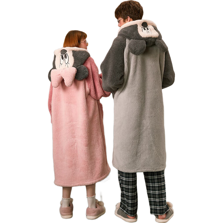 移动端、京东百亿补贴：GUKOO 睡衣冬款毛绒女家居服保暖连帽卡通睡袍男 米