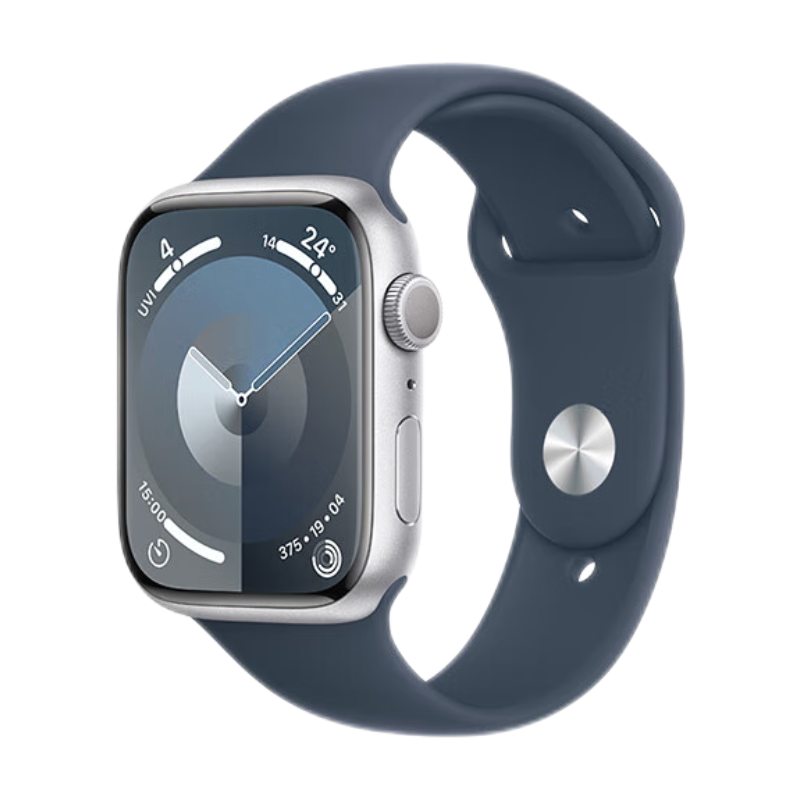 PLUS会员：Apple 苹果 Watch Series 9 智能手表GPS款45毫米银色铝金属表壳 风暴蓝S/