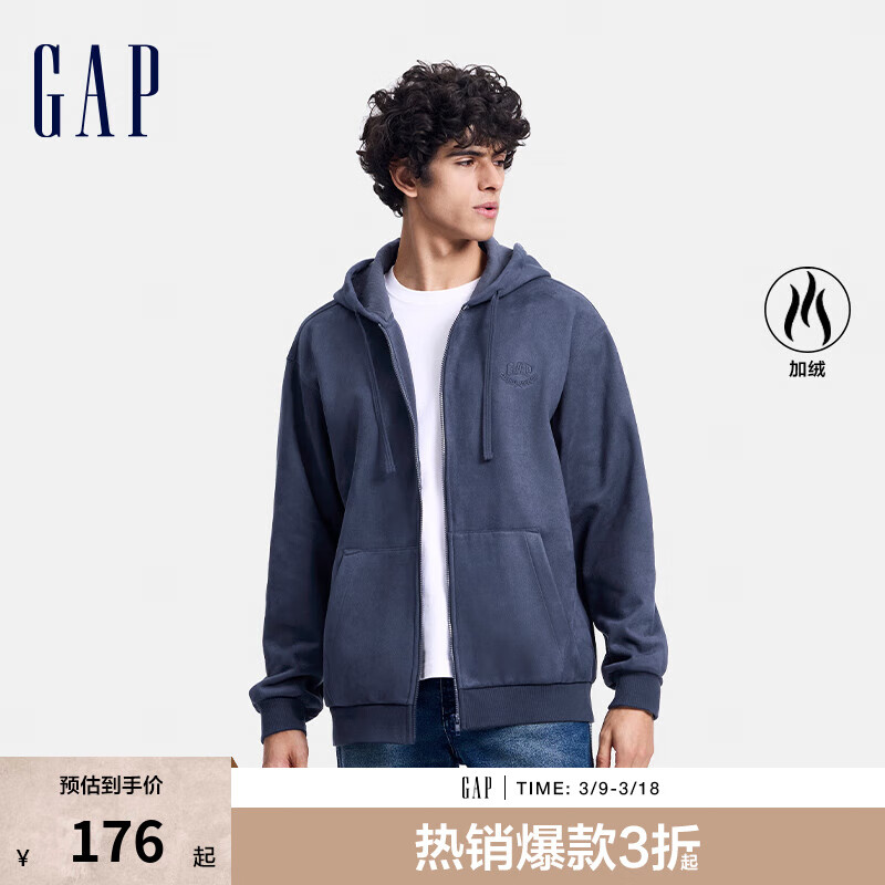 Gap 男女装2024秋季仿麂皮摇粒绒刺绣logo连帽卫衣上衣637698 深蓝 185/108A(XXXL) 