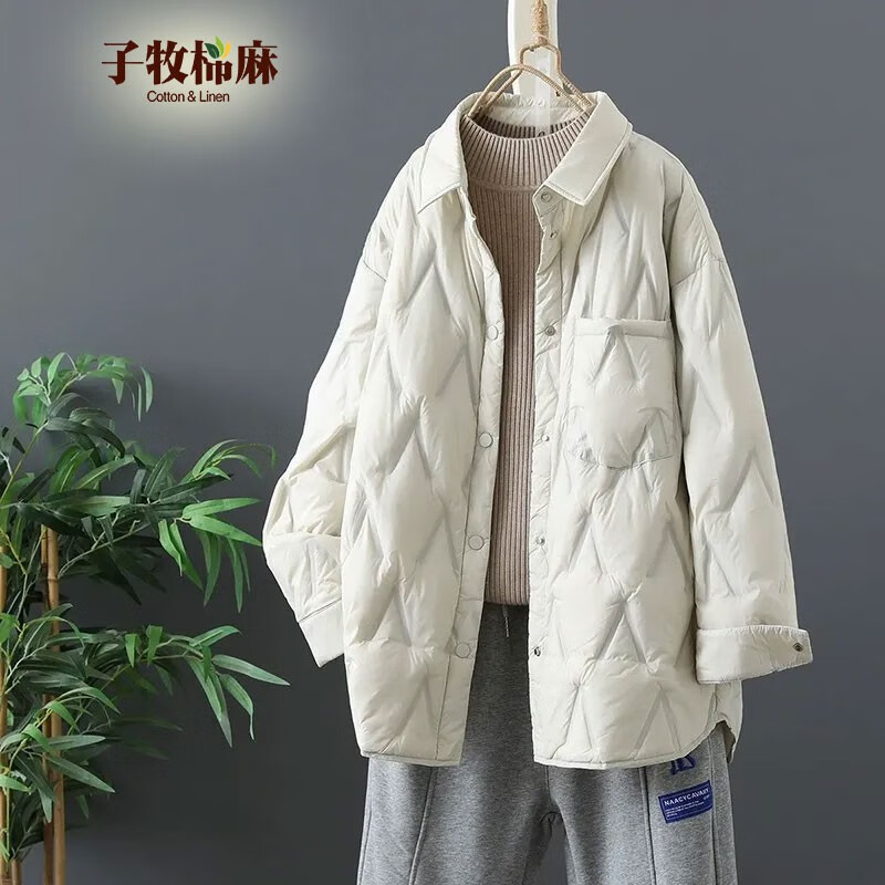 子牧棉麻 衬衫领棉服4578 米白色 L(建议105-115斤) 78.99元（需用券）