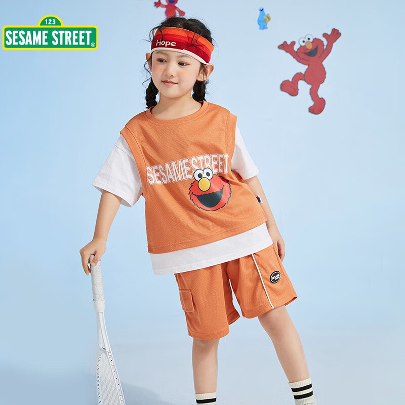 PLUS会员：芝麻街夏季儿童速干套装2024新款洋气短袖 橘色 150cm 29.55元
