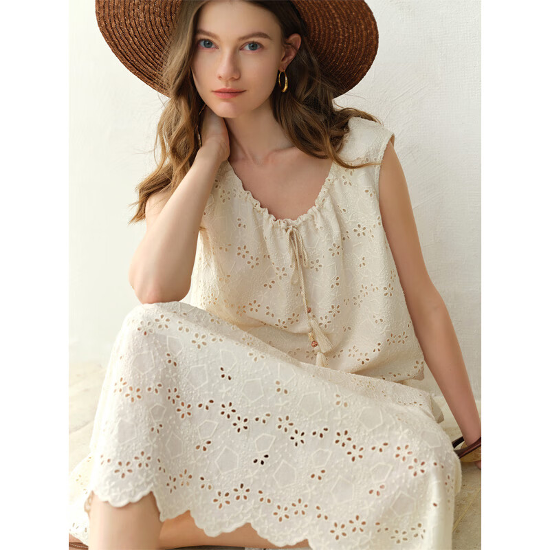 独束 大码女装无袖背心半裙茶歇两件套2025夏季时尚度假风套装 米色（半裙