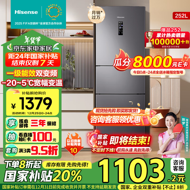 Hisense 海信 倍多分系列 BCD-252WYK1DPUJ 风冷三门冰箱 252L 爵士灰 ￥1028.78