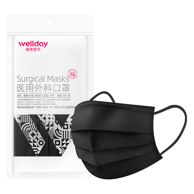 维德 一次性医用外科口罩挂耳式三层无菌级防细菌防飞沫透气医用防护 黑