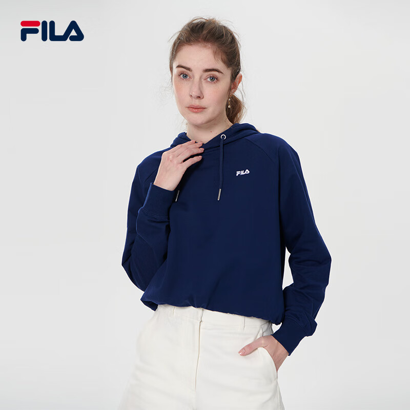 FILA 斐乐 宽松连帽卫衣休闲女装短款套头衫基础款上衣欧版 藏蓝色 M 130元