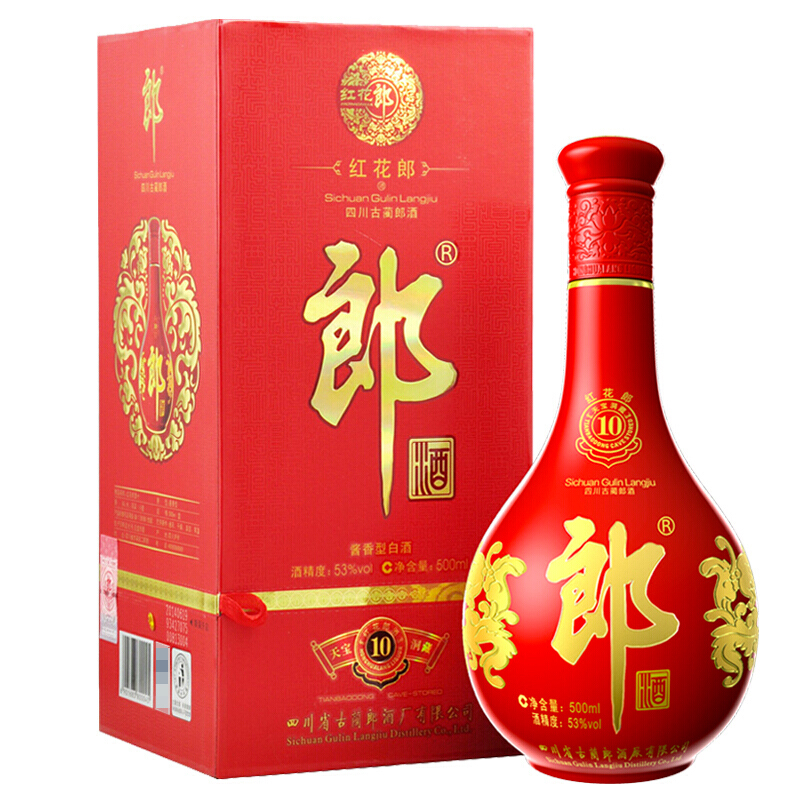 PLUS会员：LANGJIU 郎酒 红花郎10 53%vol 酱香型白酒 500ml 单瓶装 268元包邮（双重