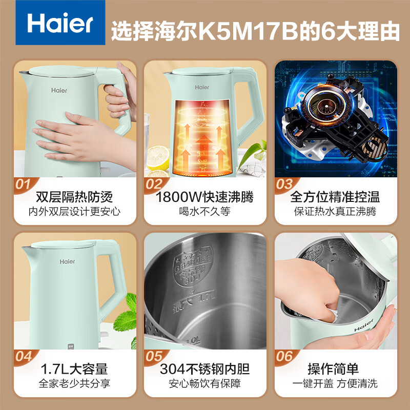 Haier 海尔 电热水不锈钢1.7L大容量 HKT-K5M17B 59元（需用券）