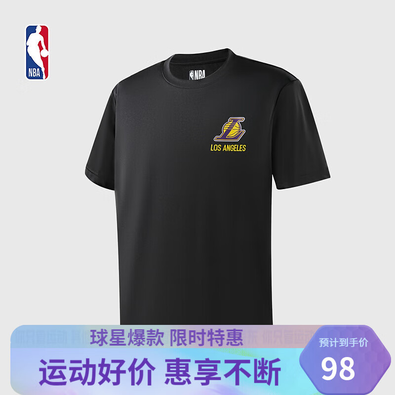 NBA 球队文化系列中性短袖男女同款运动休闲圆领速干T恤 湖人队/黑色 L 98元