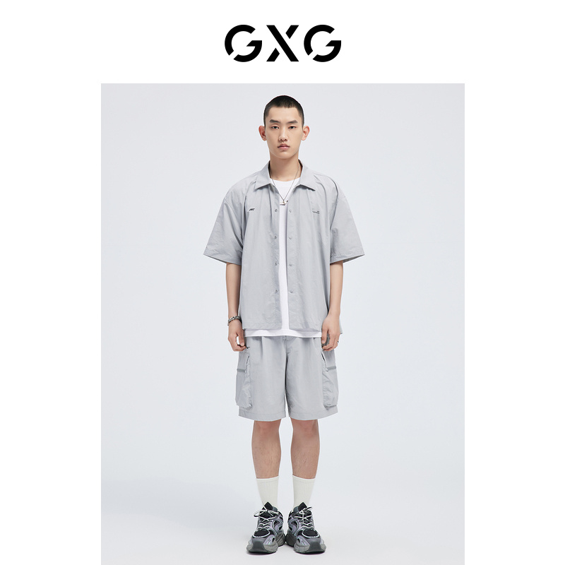 GXG 奥莱 22年男装 短袖衬衫纯色舒适胸前字母印花夏季新品 74.5元（需买3件