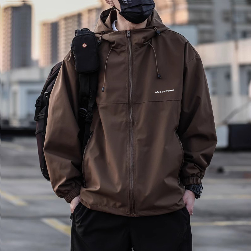 宾力克 外套男春秋季户外宽松防水薄款连帽防风工装夹克潮流刺绣冬季棉衣