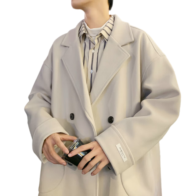 OEMG 港风复古大口袋短款毛呢大衣男风衣潮牌宽松秋冬季上呢子夹克外套 XZ50