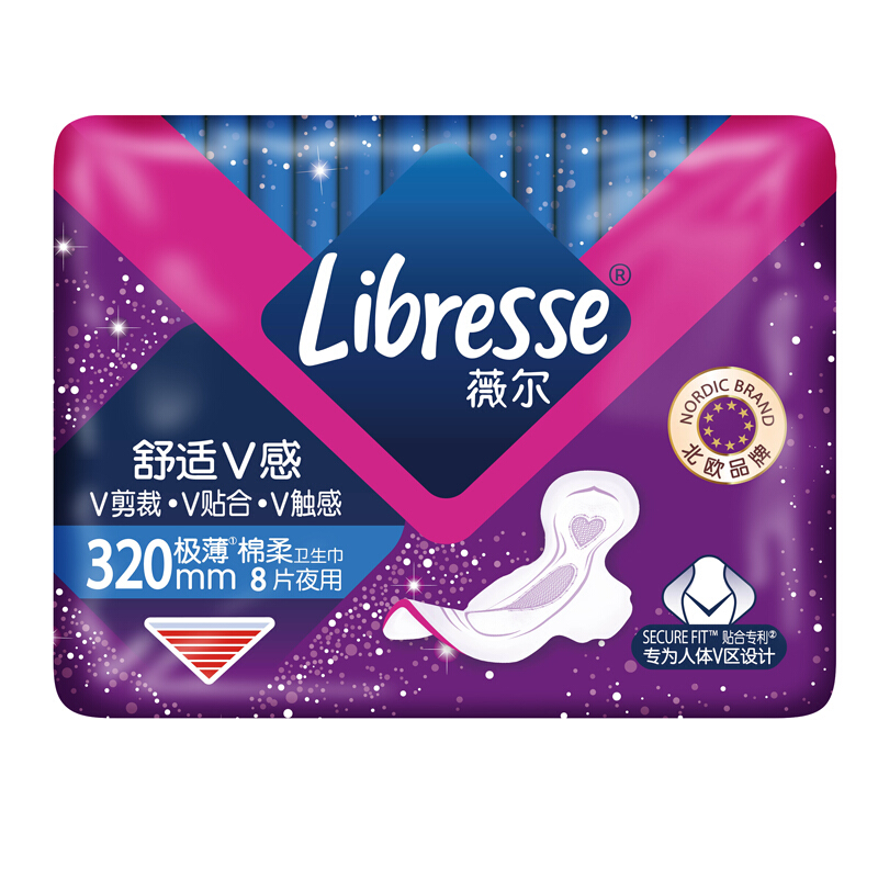 PLUS会员：薇尔 Libresse V感系列 夜用卫生巾 32cm*8片 6.49元（需买5件，共36.28元