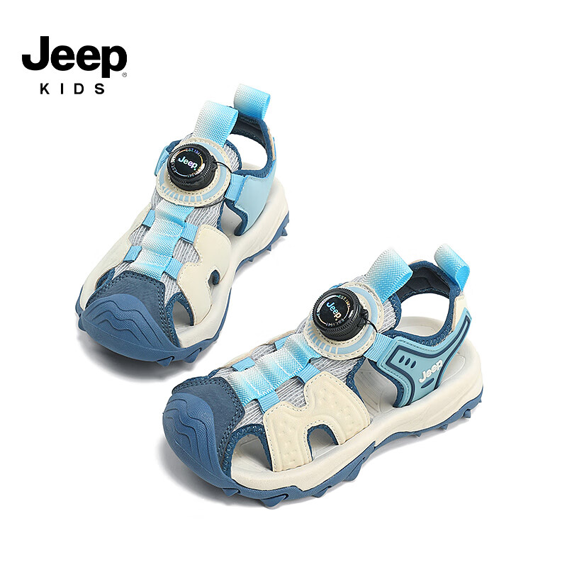 Jeep 吉普 儿童凉鞋男童轻便透气沙滩鞋2024女童夏季防滑中大童休闲鞋 白/蓝 