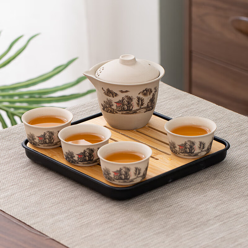 粗陶功夫茶具 粗陶手抓壶（山水）一壶四杯 4.99元（需领券）