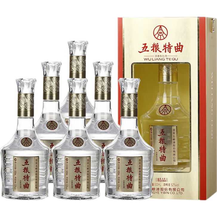 百亿补贴、PLUS会员：五粮液股份 五粮特曲精品 浓香型白酒 52度 500ml*6瓶 整