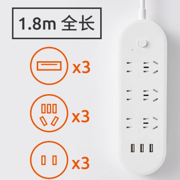 吉屋轻智 插线板多孔插座多功能接线板 3位5孔 14.9元包邮（需用券）