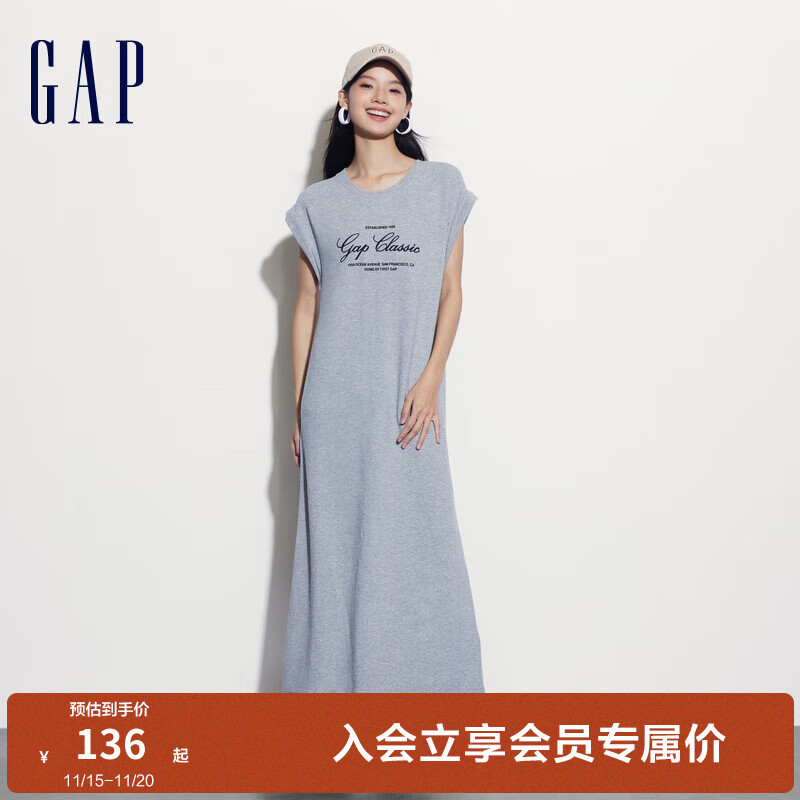 Gap 盖璞 女士印花logo无袖连衣裙宽松休闲百搭长裙 535639 浅灰色 S 249元（需